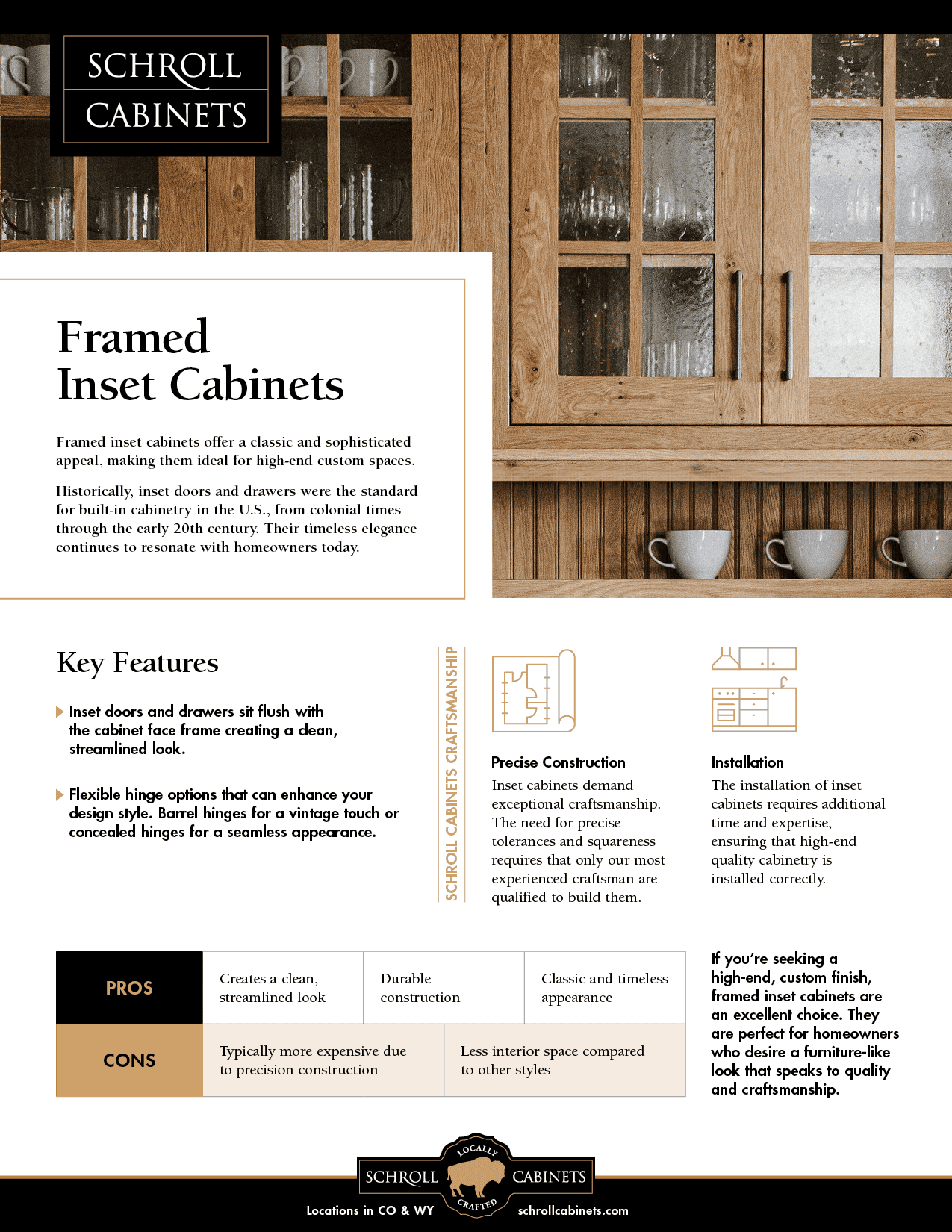 Infographic describing what inset cabinets are and listing key features and pros/cons. 